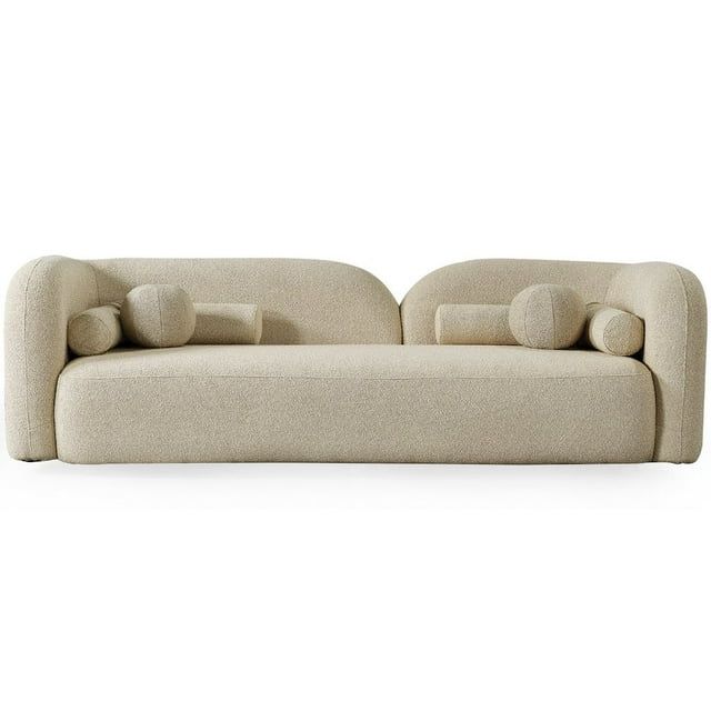 Donna Ivory Boucle Fabric Round Arm Sofa with Solid Wood Frame