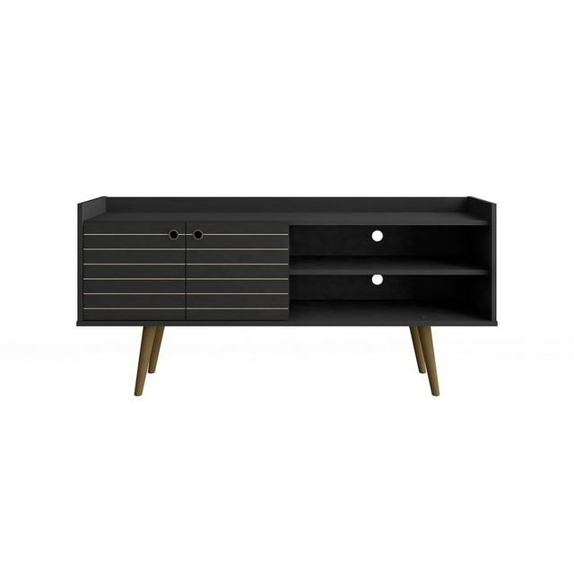 Black Mid-Century Modern TV Stand with Cabinet