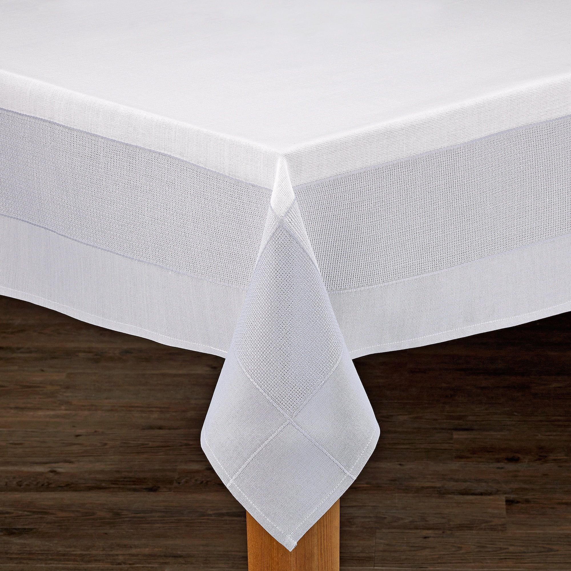 Elegant White and Gray Linen-Look Polyester Tablecloth 60" x 84"