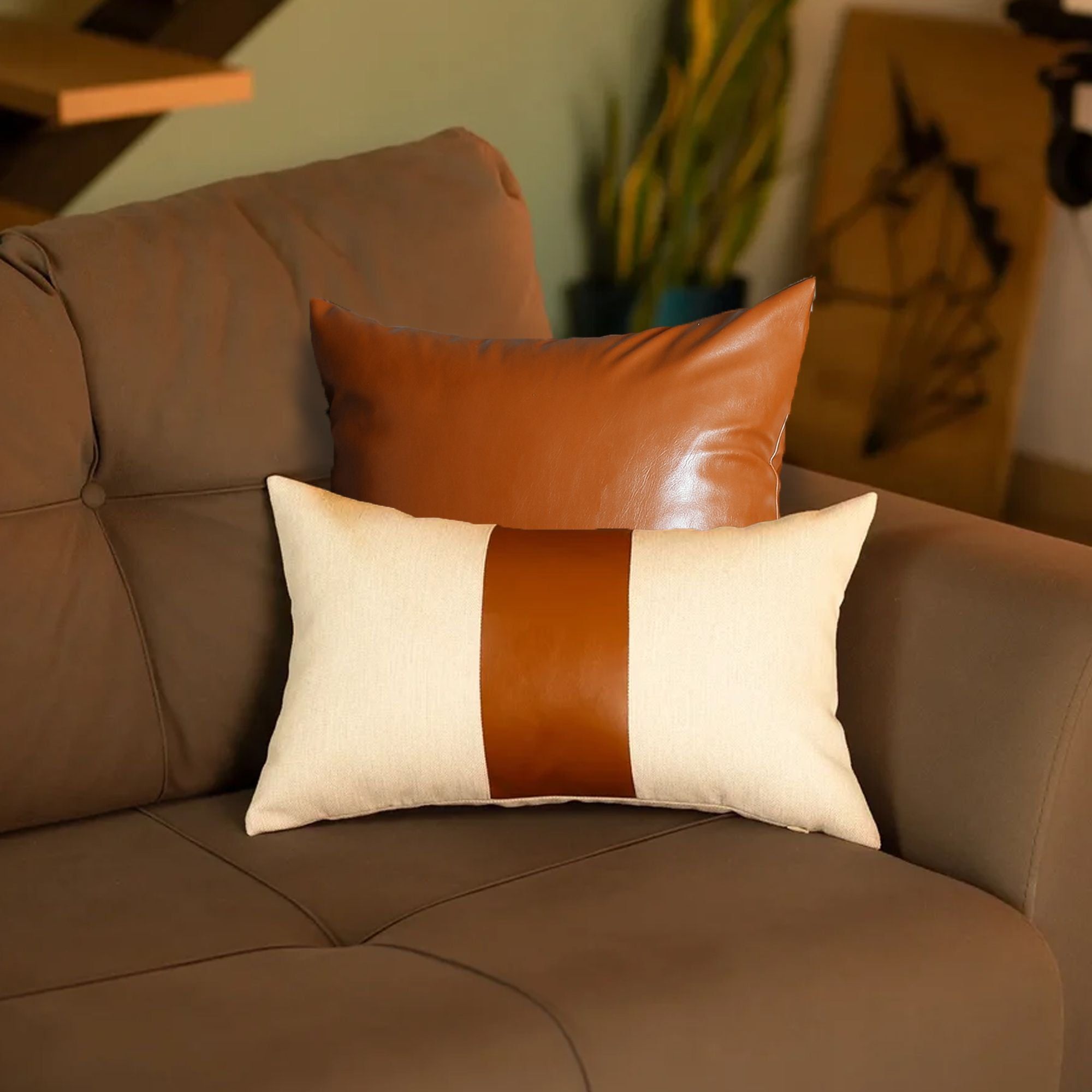 Set of 2 Brown and Beige Faux Leather Rectangular Throw Pillows