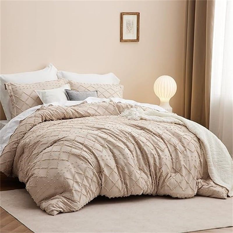 Warm Tan Microfiber Queen Comforter Set with Embroidery