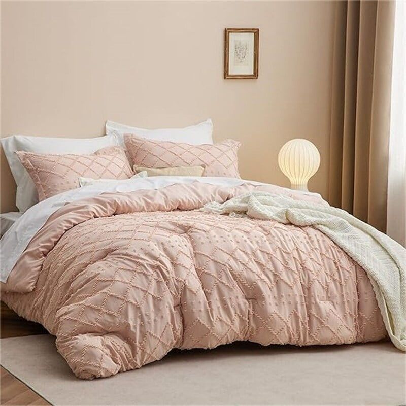 Coral Pink Microfiber Queen Comforter Set with Embroidery
