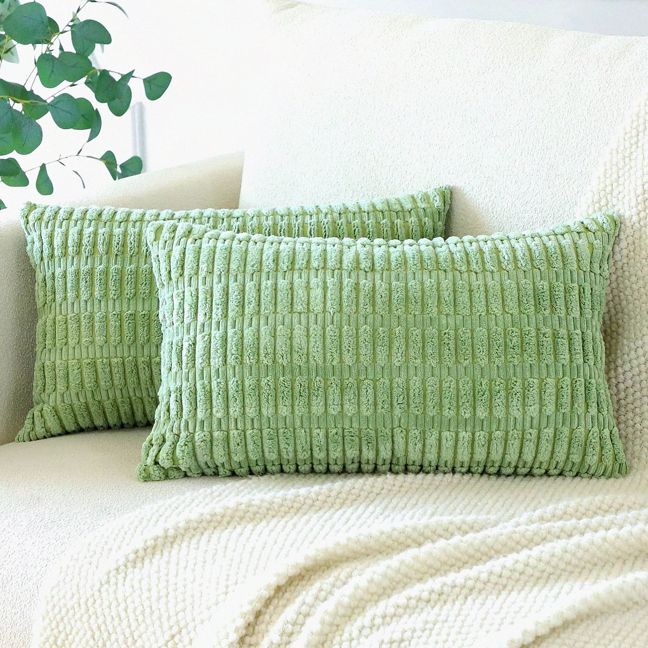 Sage Green Corduroy Lumbar Pillow Covers with Stripes - Set of 2