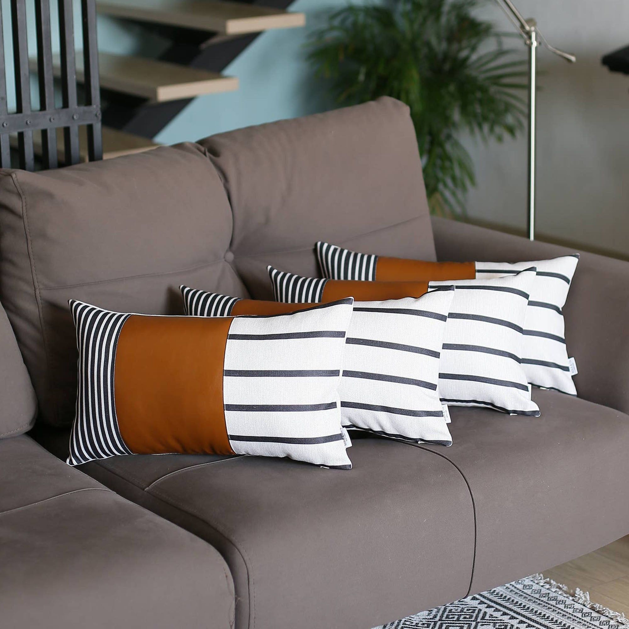 Brown and Ivory Geometric Faux Leather Lumbar Pillow Covers, Set of 4