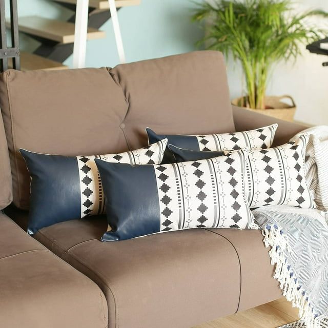 Navy Blue and Ivory Geometric Faux Leather Lumbar Pillow Covers, Set of 4