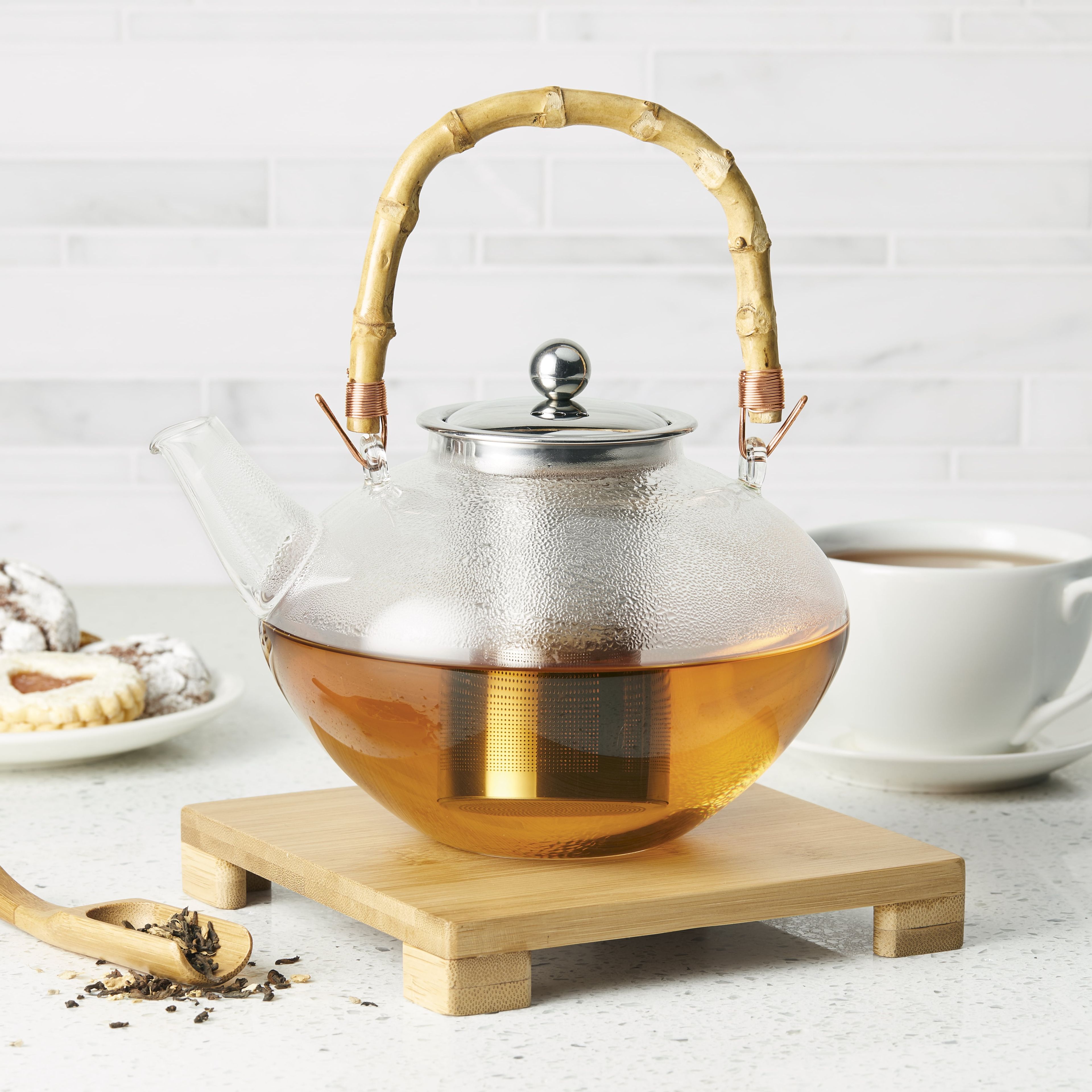 Zen 34 OZ Clear Glass Teapot with Bamboo Handle