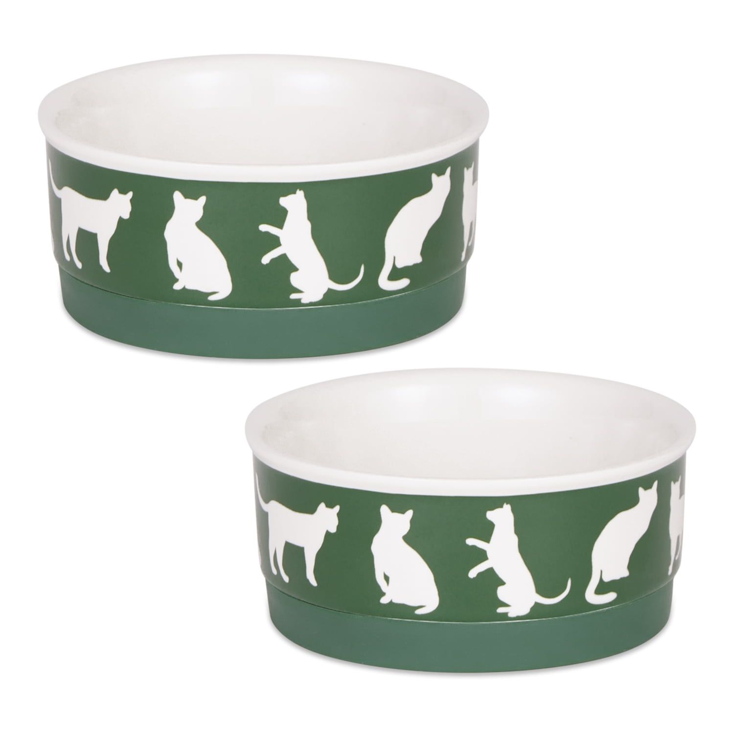 Hunter Green Ceramic Cat Bowls with Non-Skid Base, Set of 2