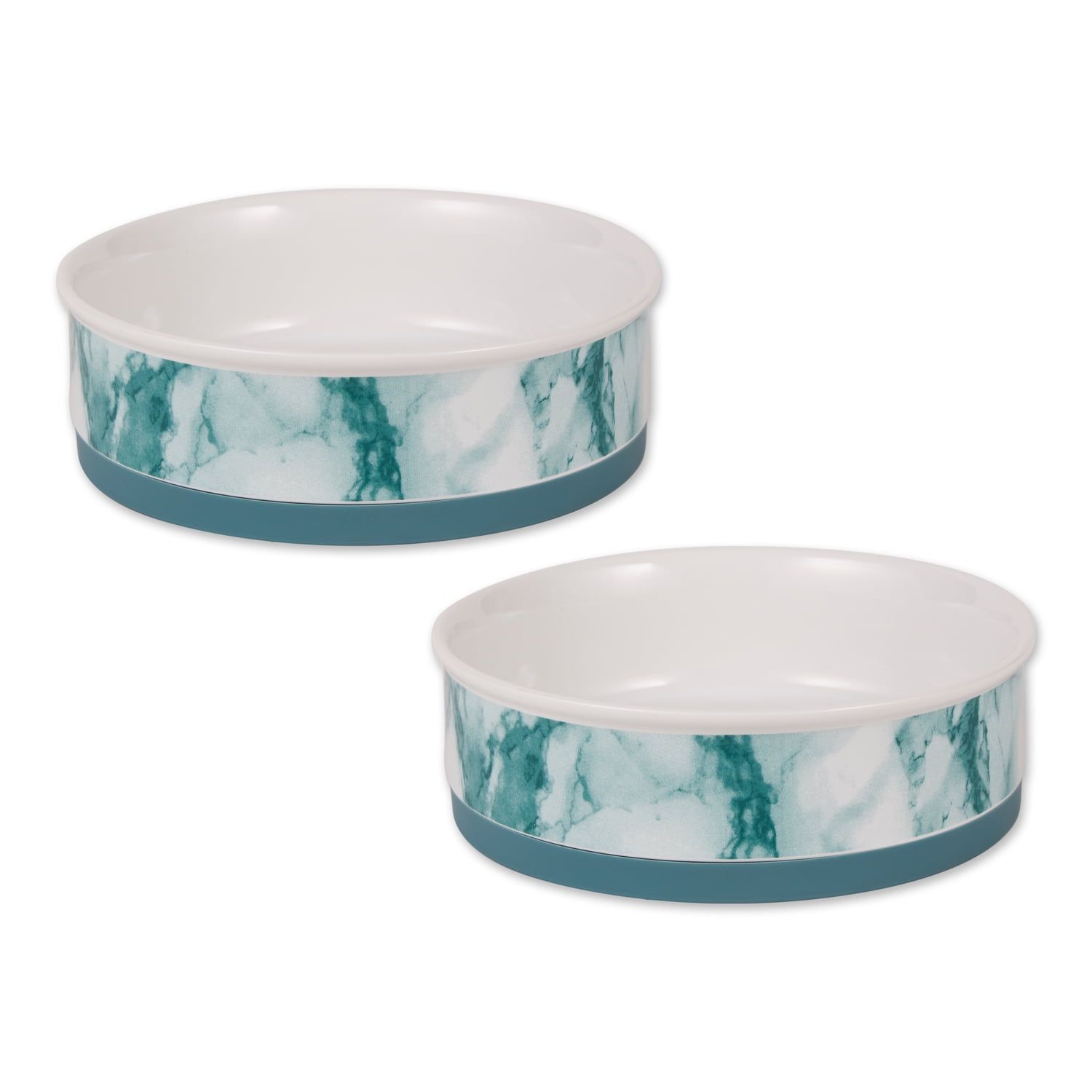 Teal Marble Ceramic Pet Bowls with Non-Slip Base, Large, Set of 2