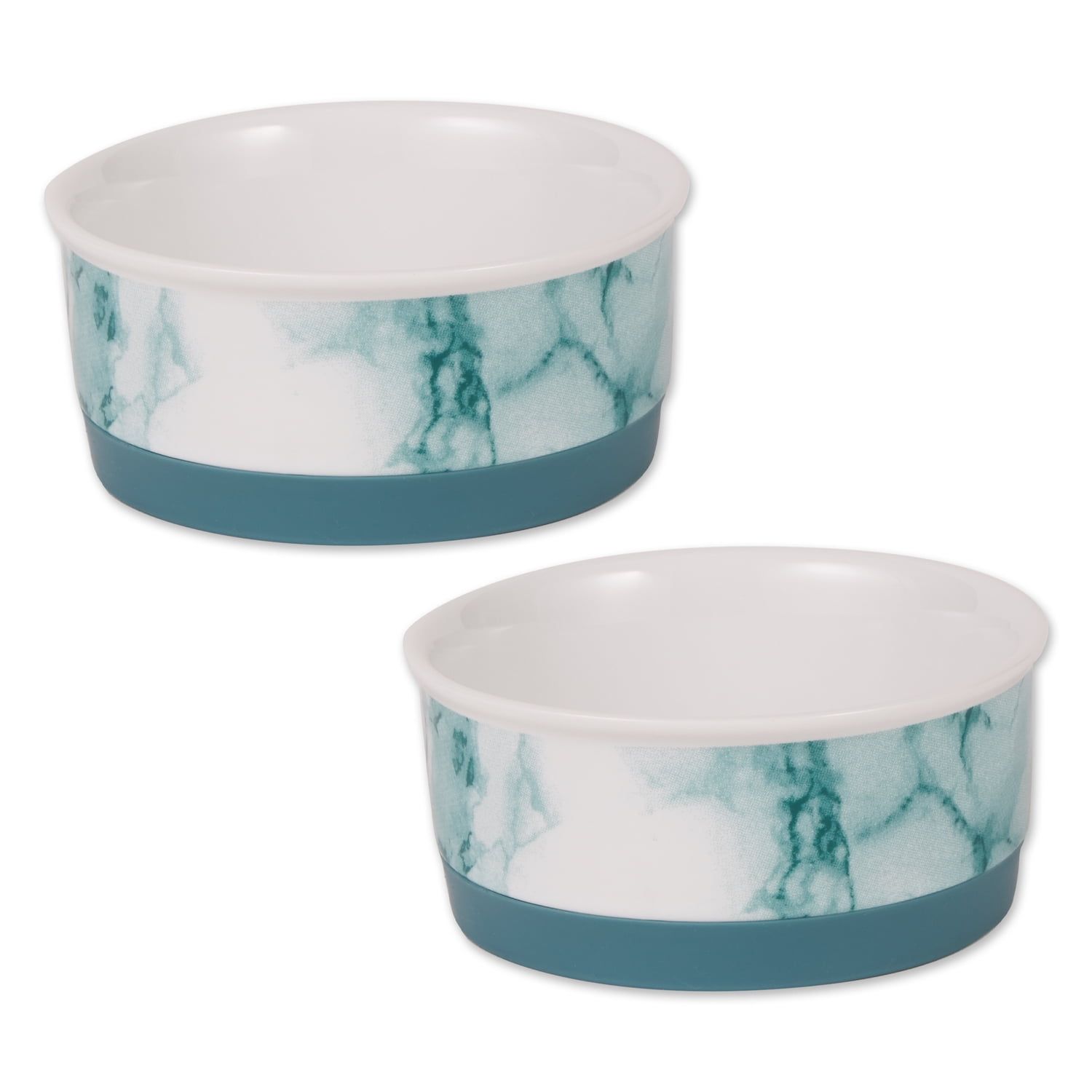 Teal Marble Small Ceramic Pet Bowls with Non-Skid Base, Set of 2