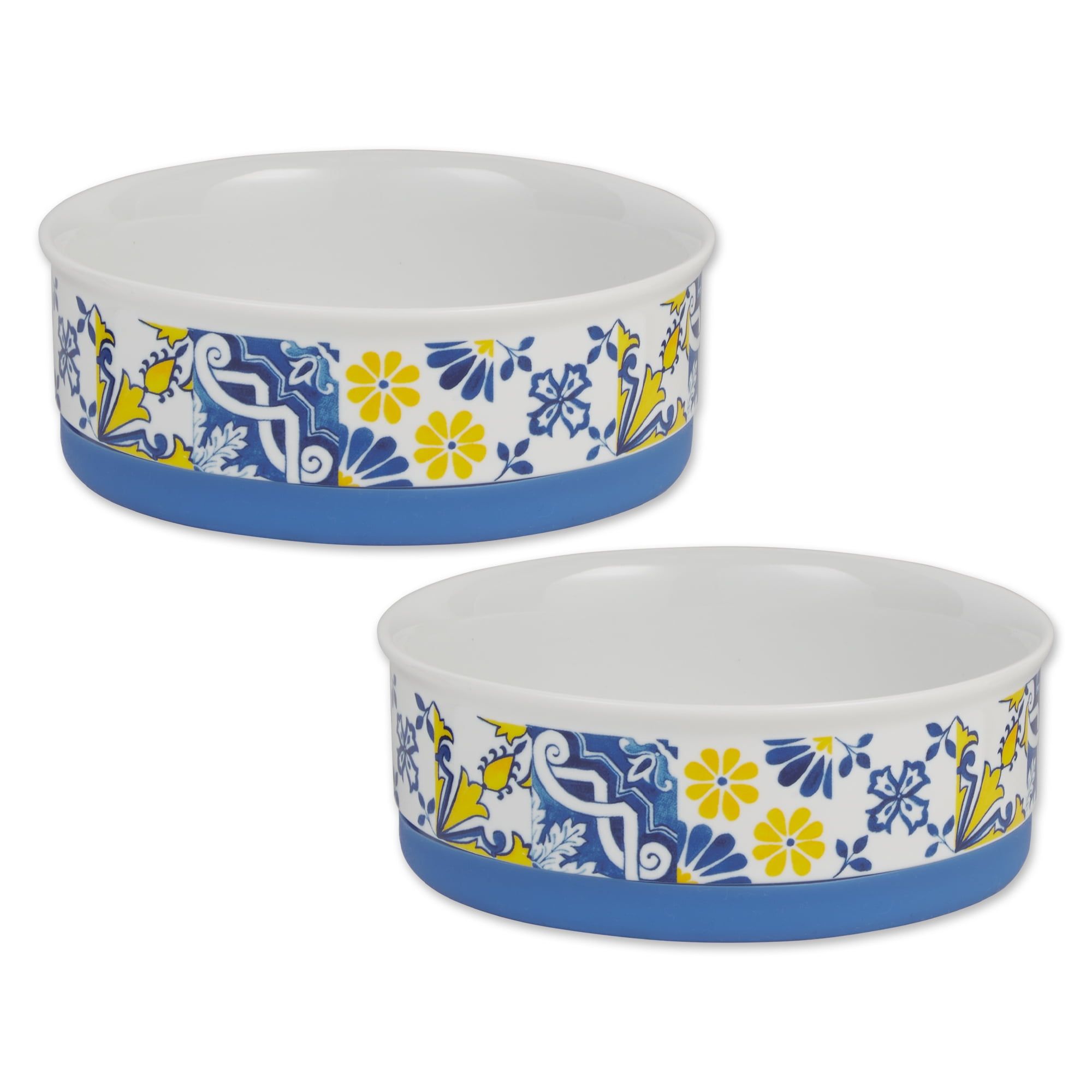 Azulejos Tile Small Ceramic Pet Bowls with Non-Skid Base, Set of 2