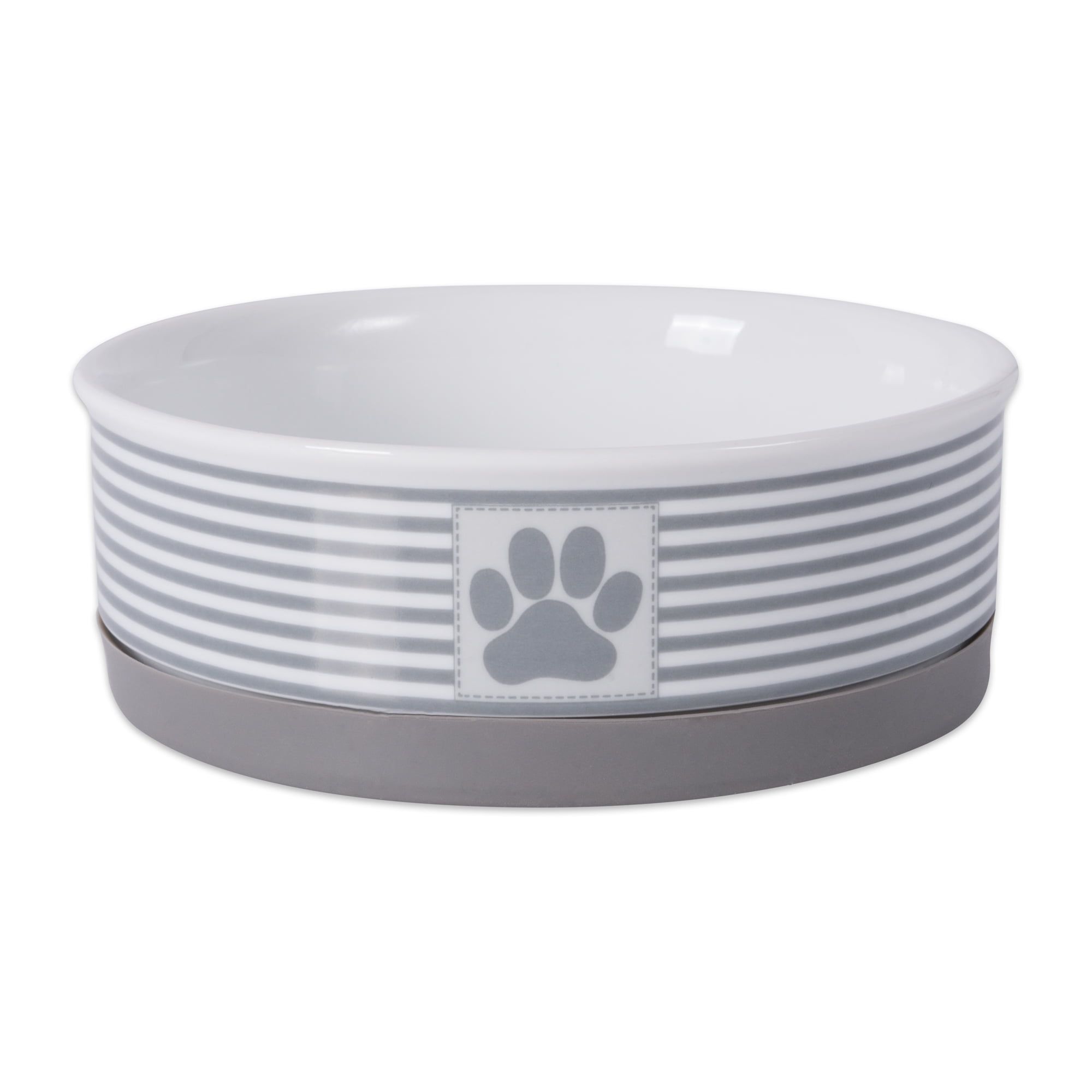 Gray Striped Ceramic Pet Bowl with Paw Print, Medium