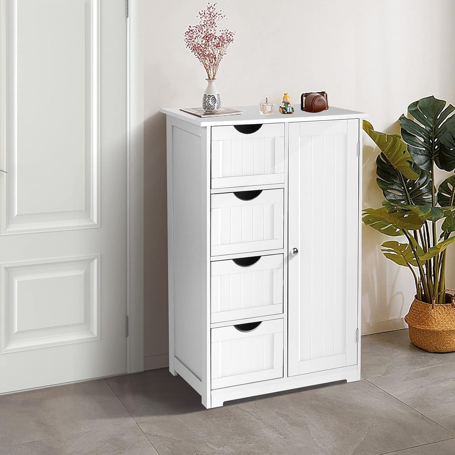 White MDF Bathroom Cabinet with Adjustable Shelving and Drawers