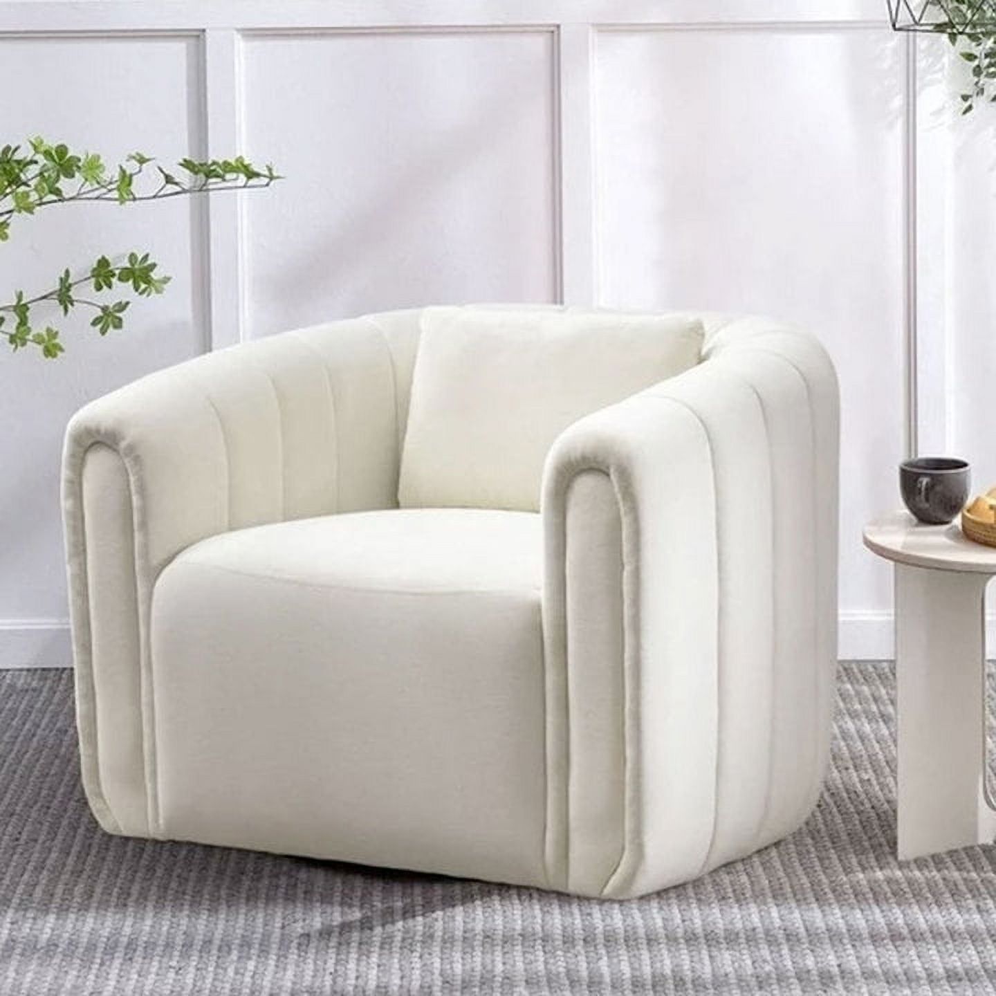 Beige Velvet Swivel Barrel Armchair with Metal Base