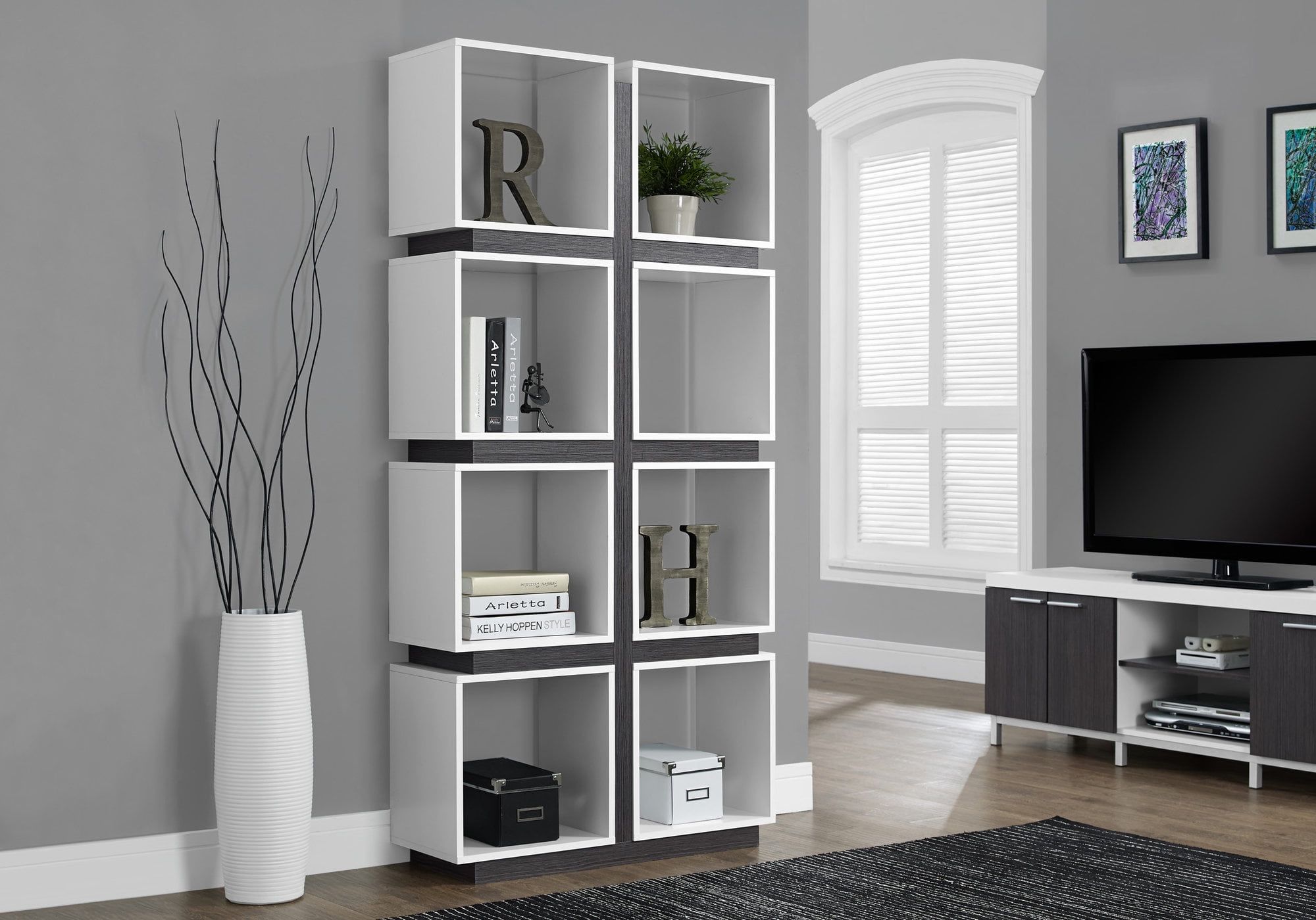 71" White and Gray 8-Cube Modern Bookcase