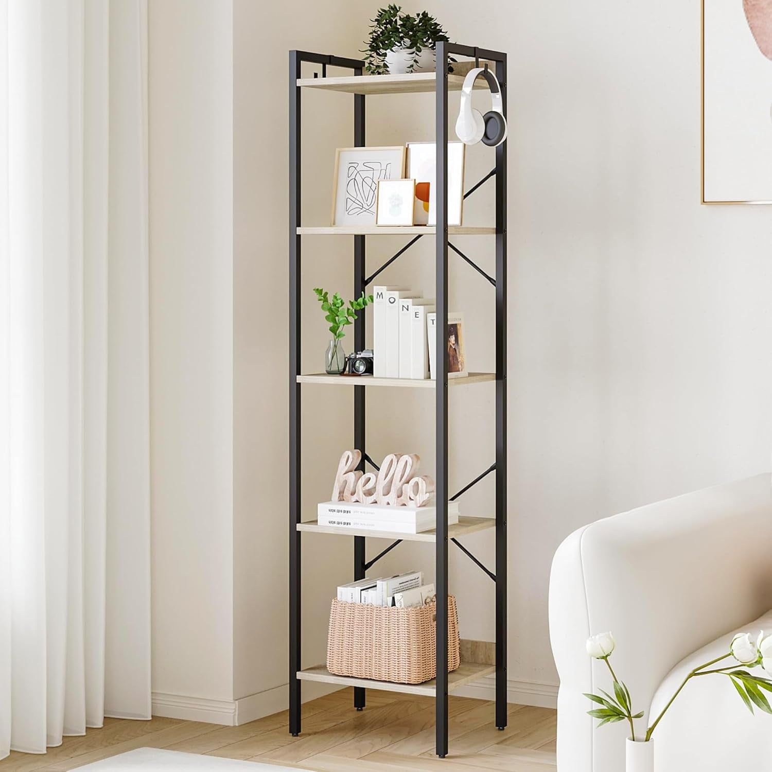 Greige and Black 5-Tier Adjustable Steel Bookshelf