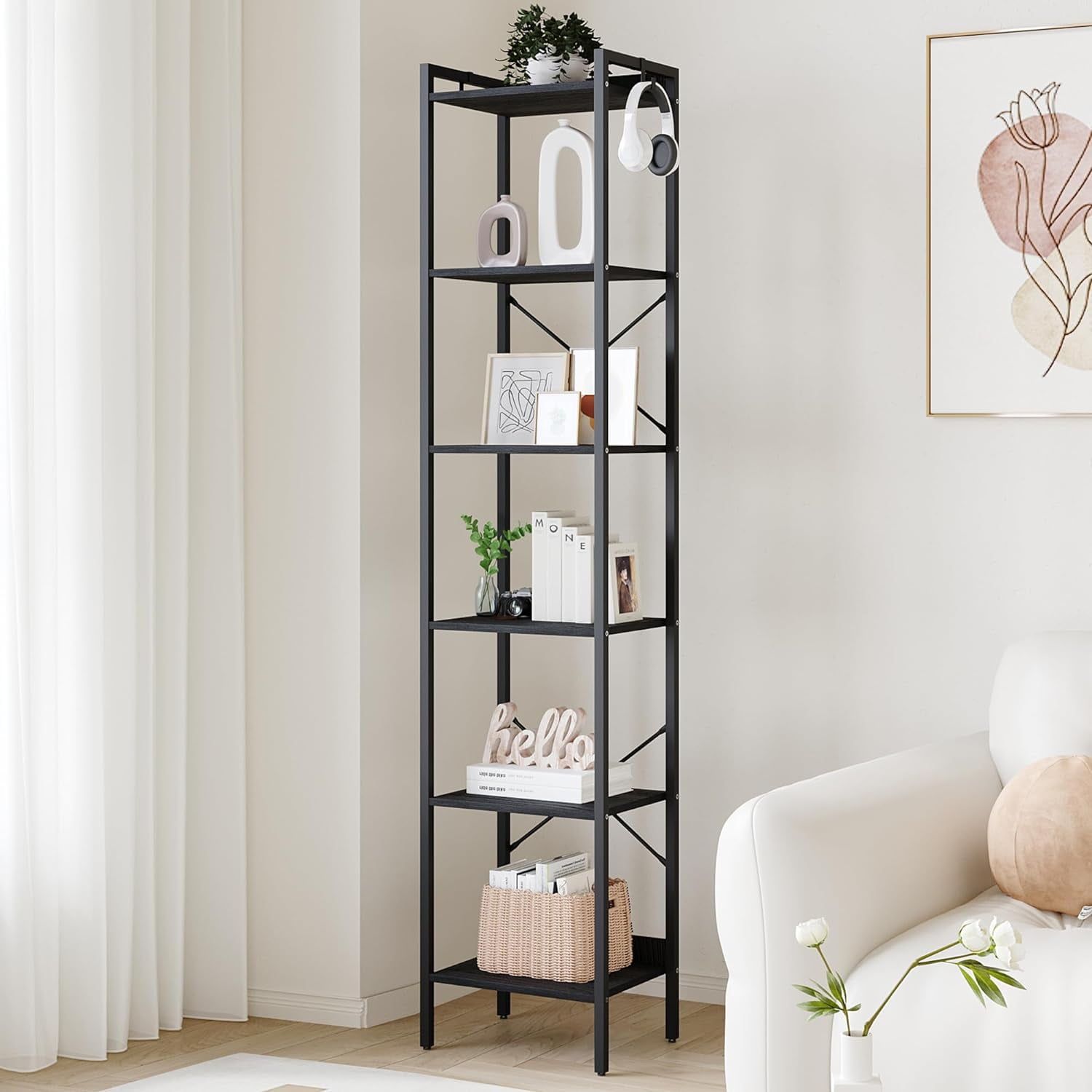 Black 6-Tier Industrial Steel and Particleboard Bookshelf