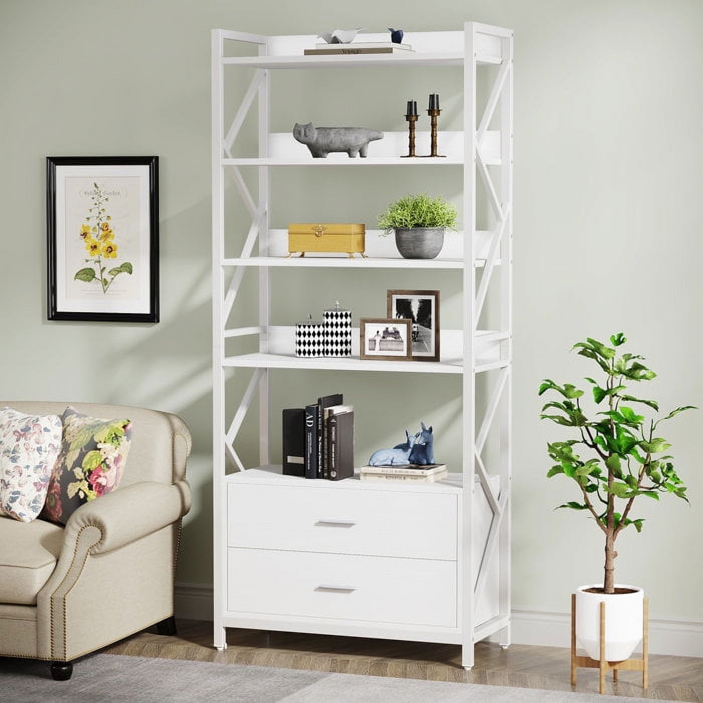 White Industrial 5-Tier Bookshelf with Drawers