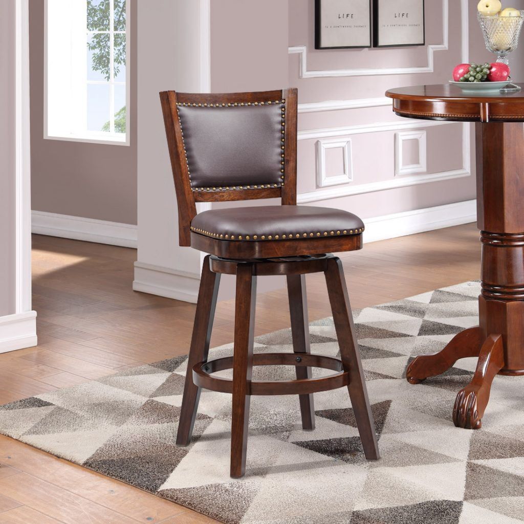 Cappuccino Finish Swivel Bar Stool with Faux Leather Upholstery