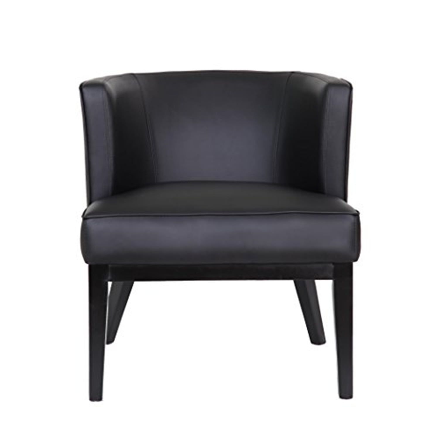 Elegant Barrel Black Leather Accent Chair with Wooden Legs