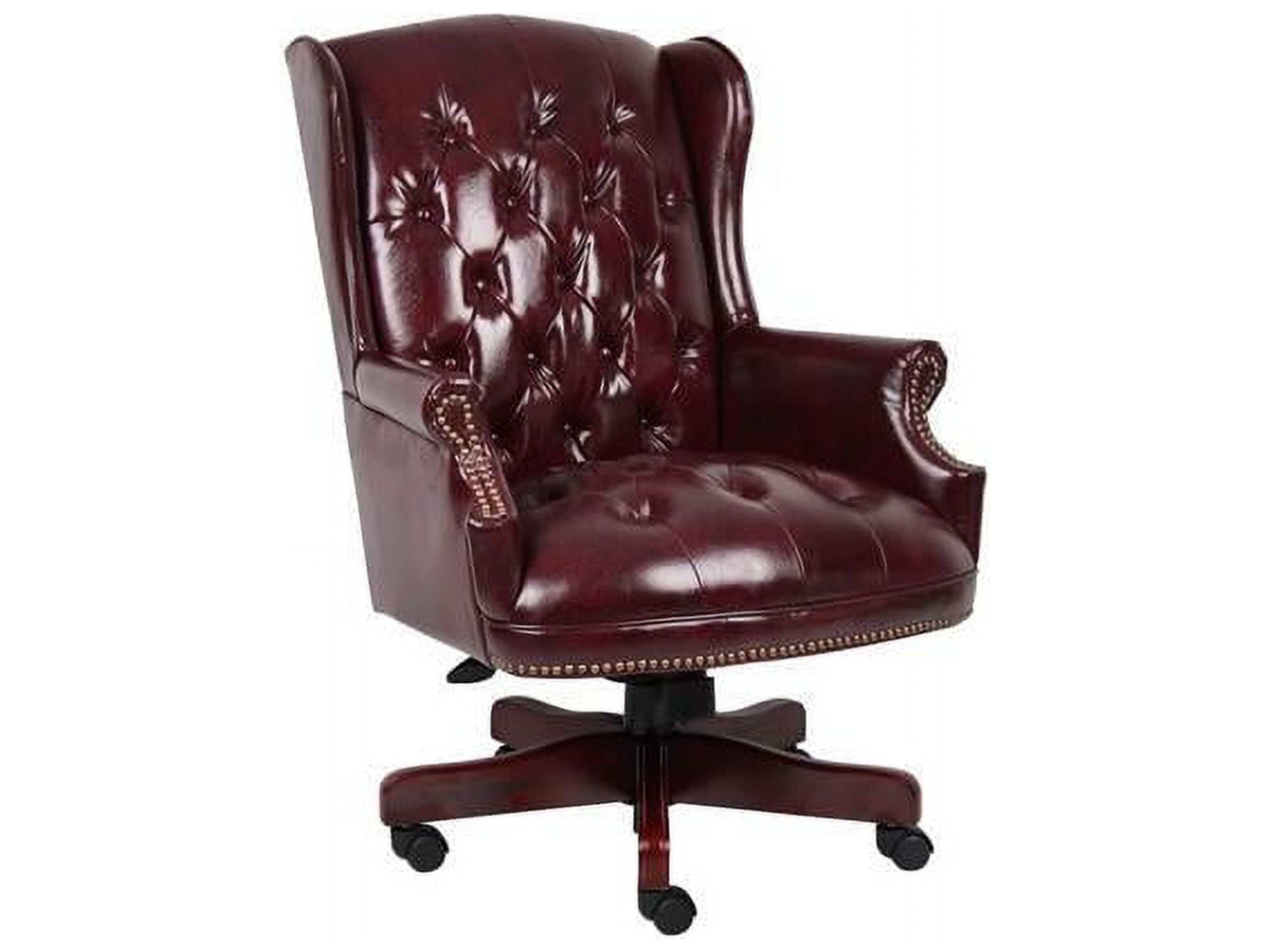 Burgundy High-Back Vinyl Executive Swivel Chair with Mahogany Wood