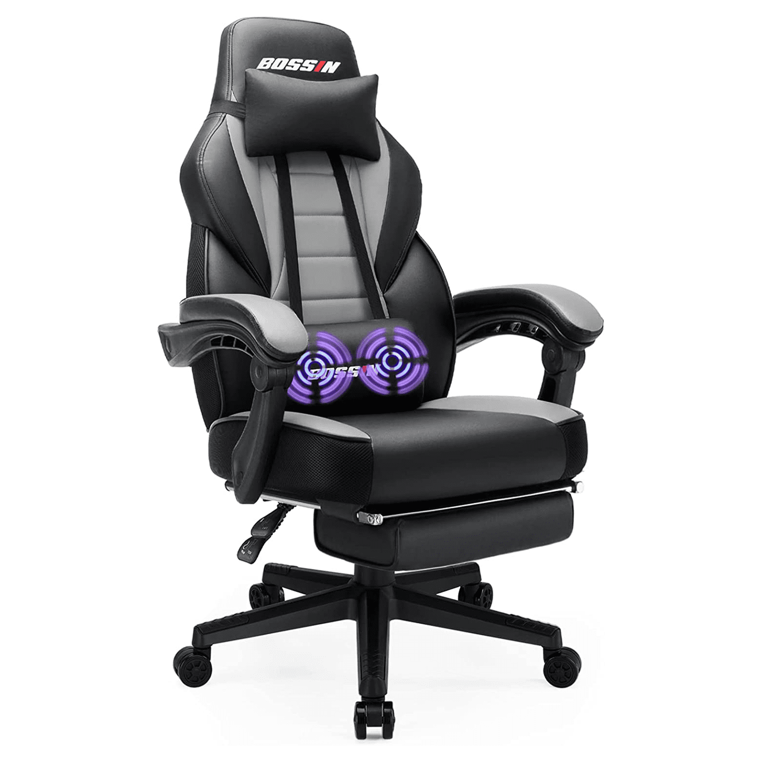 Bossin Black and Gray PU Leather Big and Tall Gaming Chair with Footrest