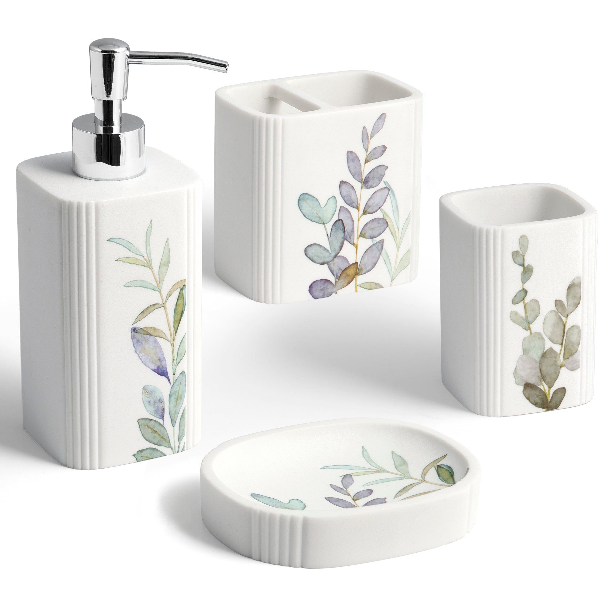 White Multi Botanical Leaf 4-Piece Resin Bathroom Accessory Set