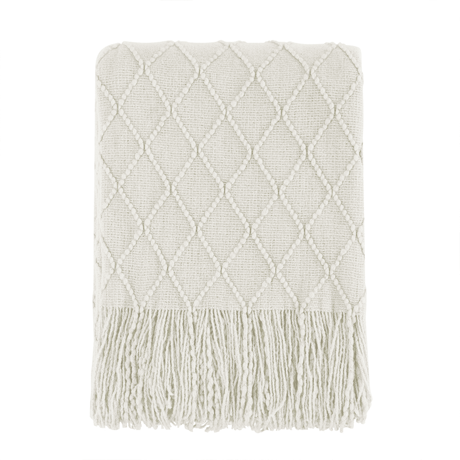 Beige Knitted Acrylic Throw Blanket with Diamond Pattern, 50" x 60"