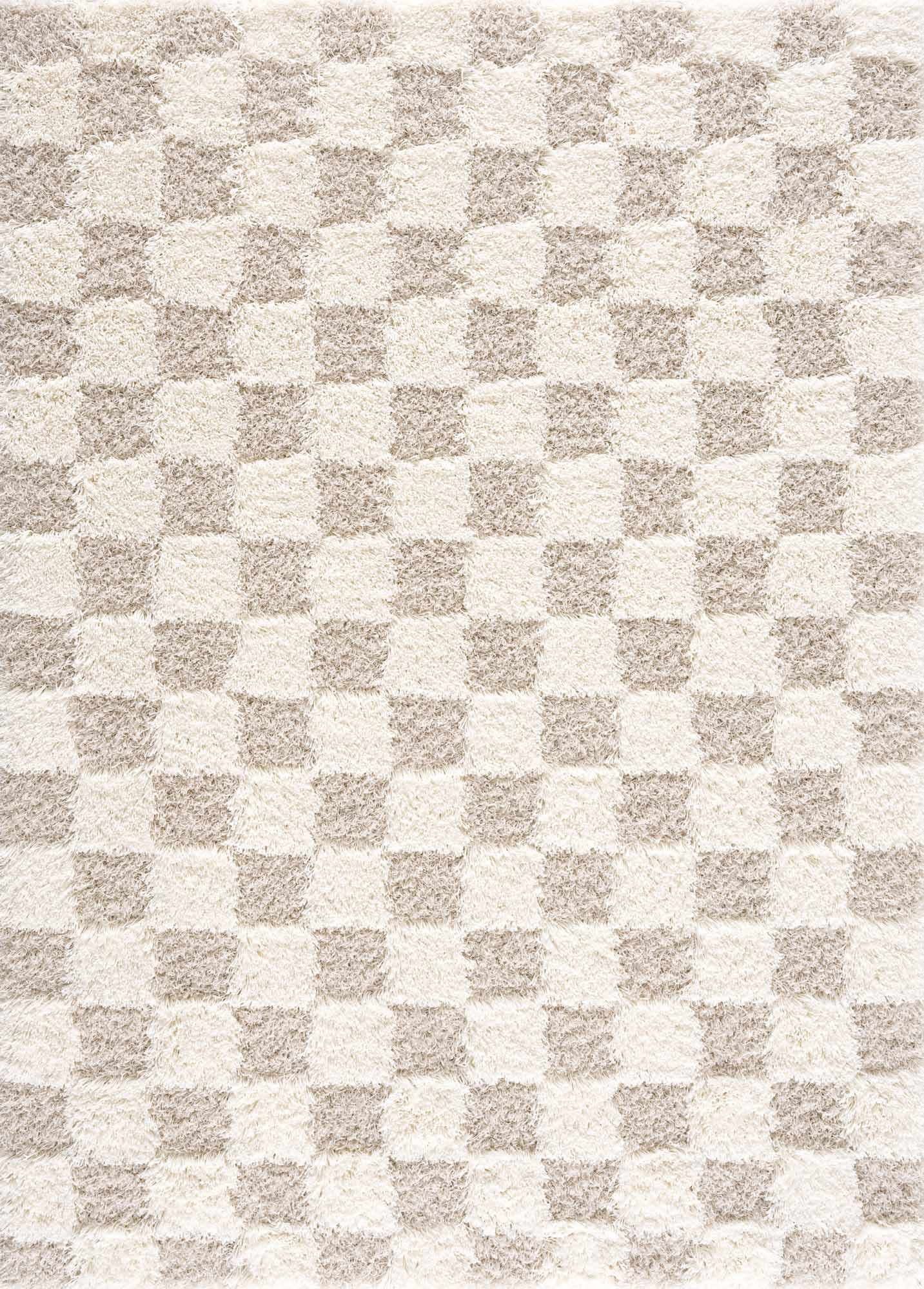 Light Brown and Cream Checkered Shag Area Rug 6'7" x 9'6"