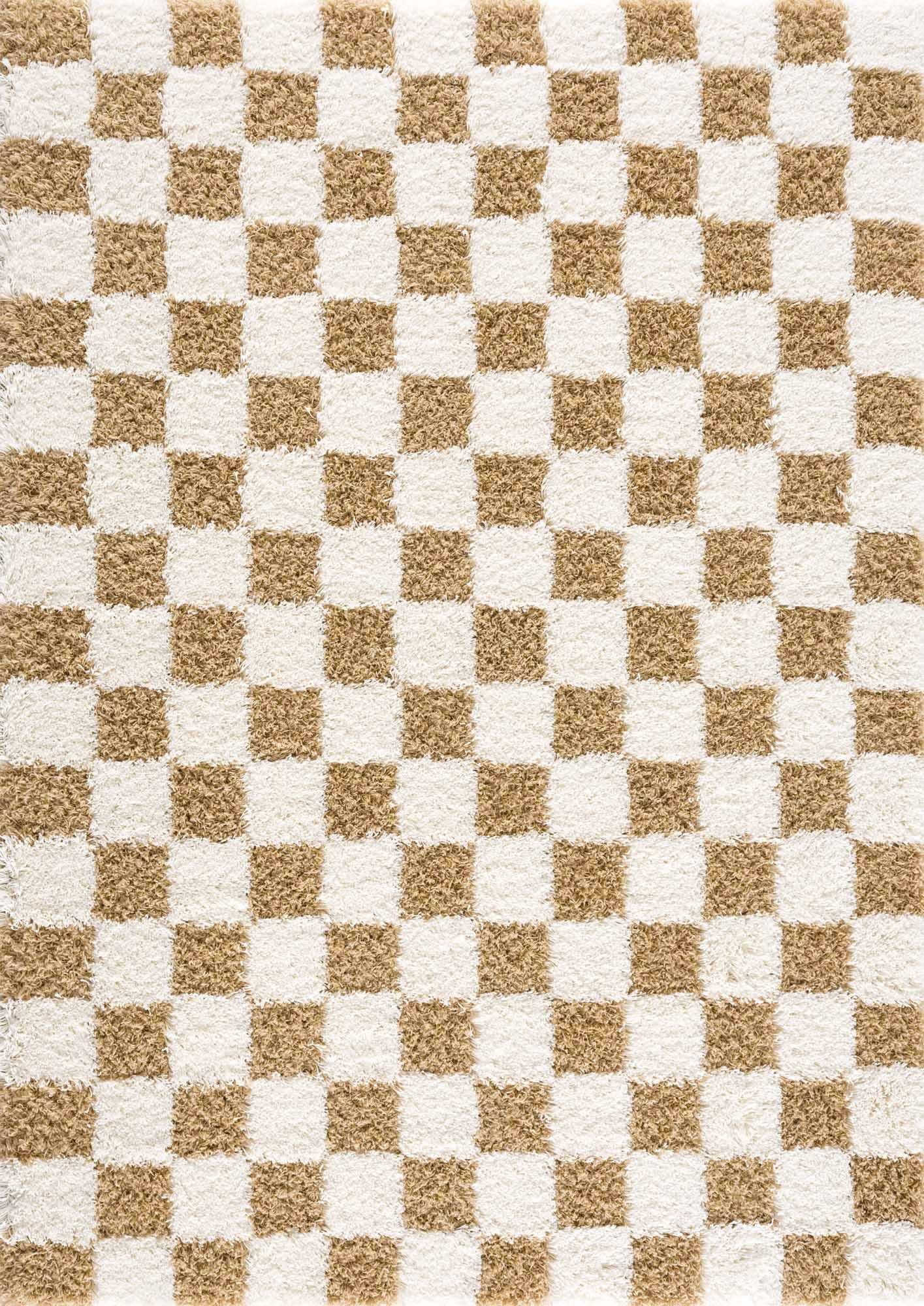 Light Mustard and Cream Checkered Shag Rug for Kids