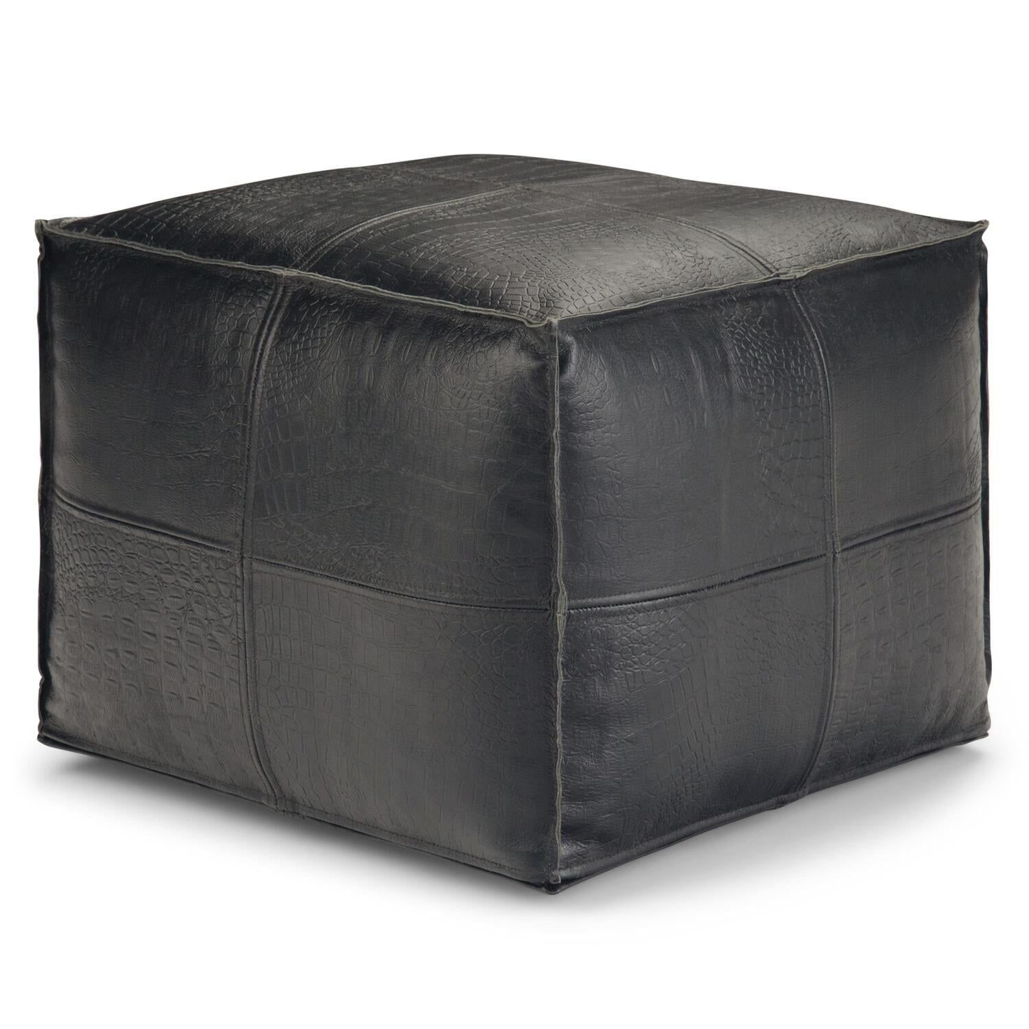 Bohemian Black Genuine Leather Square Pouf Ottoman