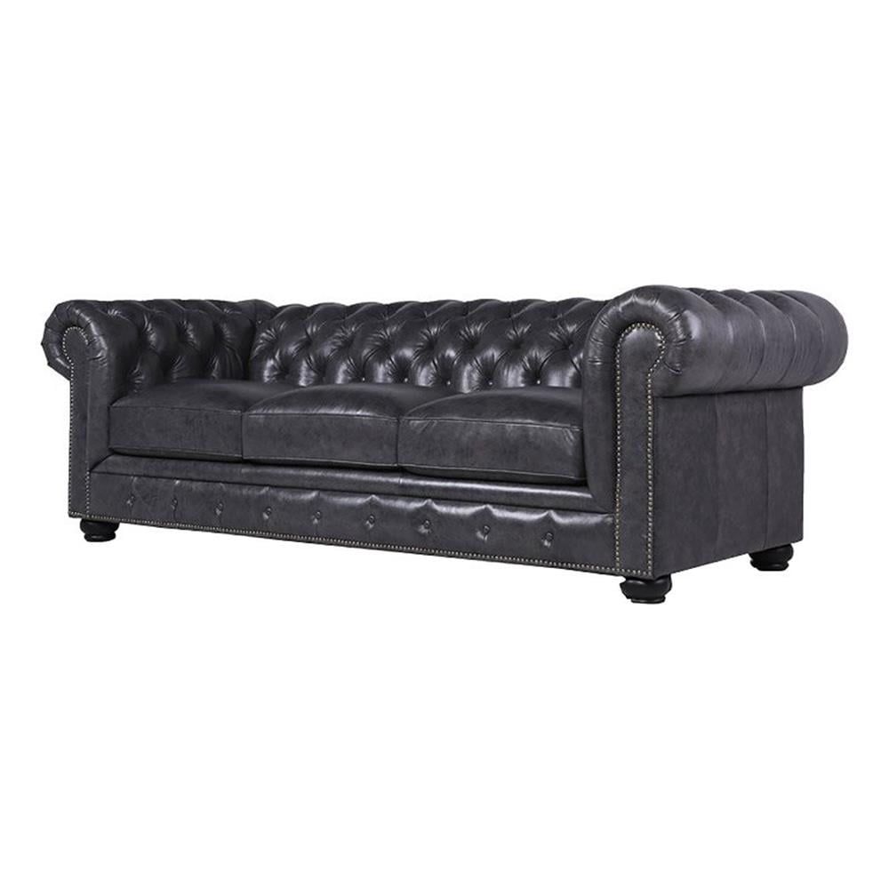 Gray Leather Tufted Chesterfield Sofa with Nailhead Trim