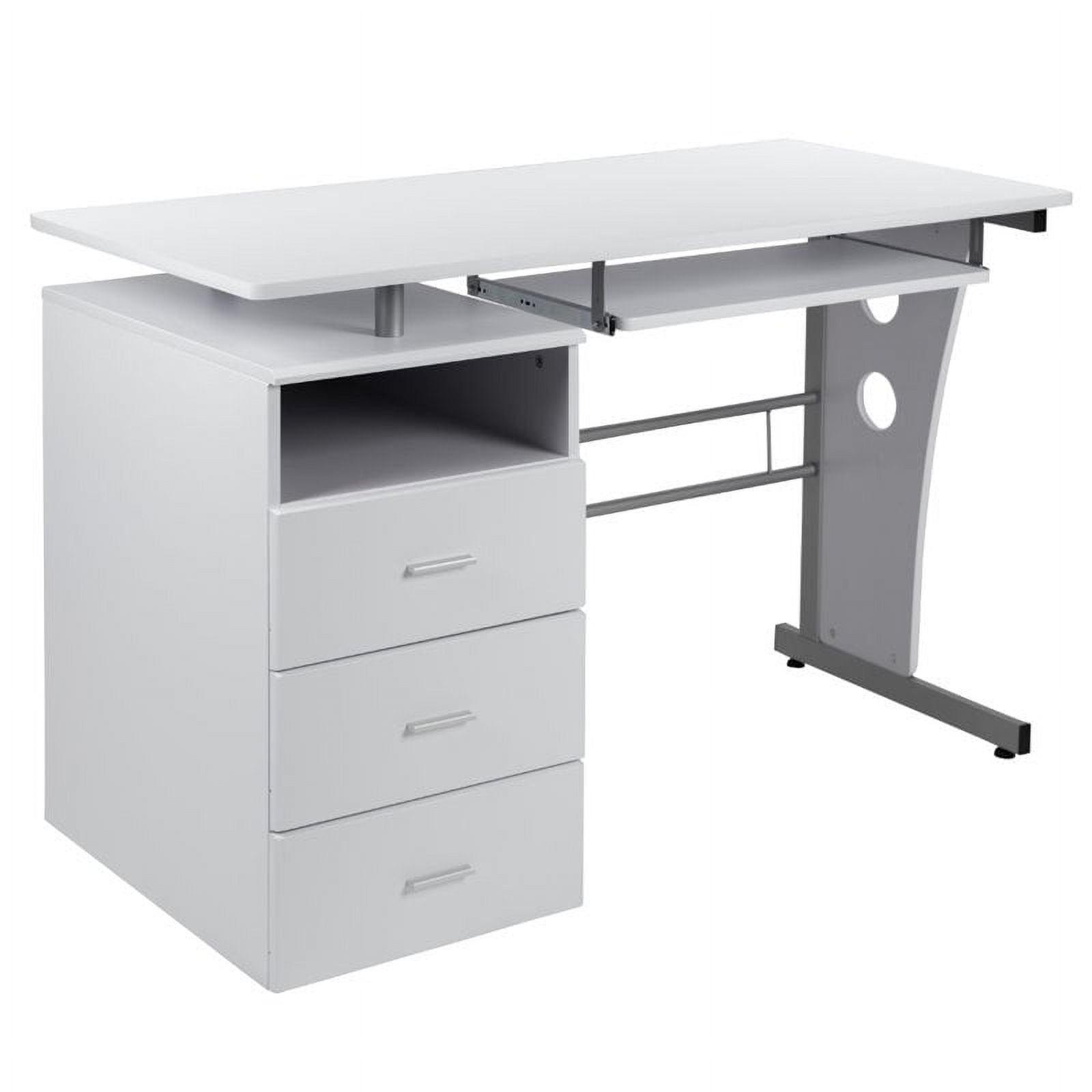 Executive White Laminate Computer Desk with 3 Drawers and Keyboard Tray