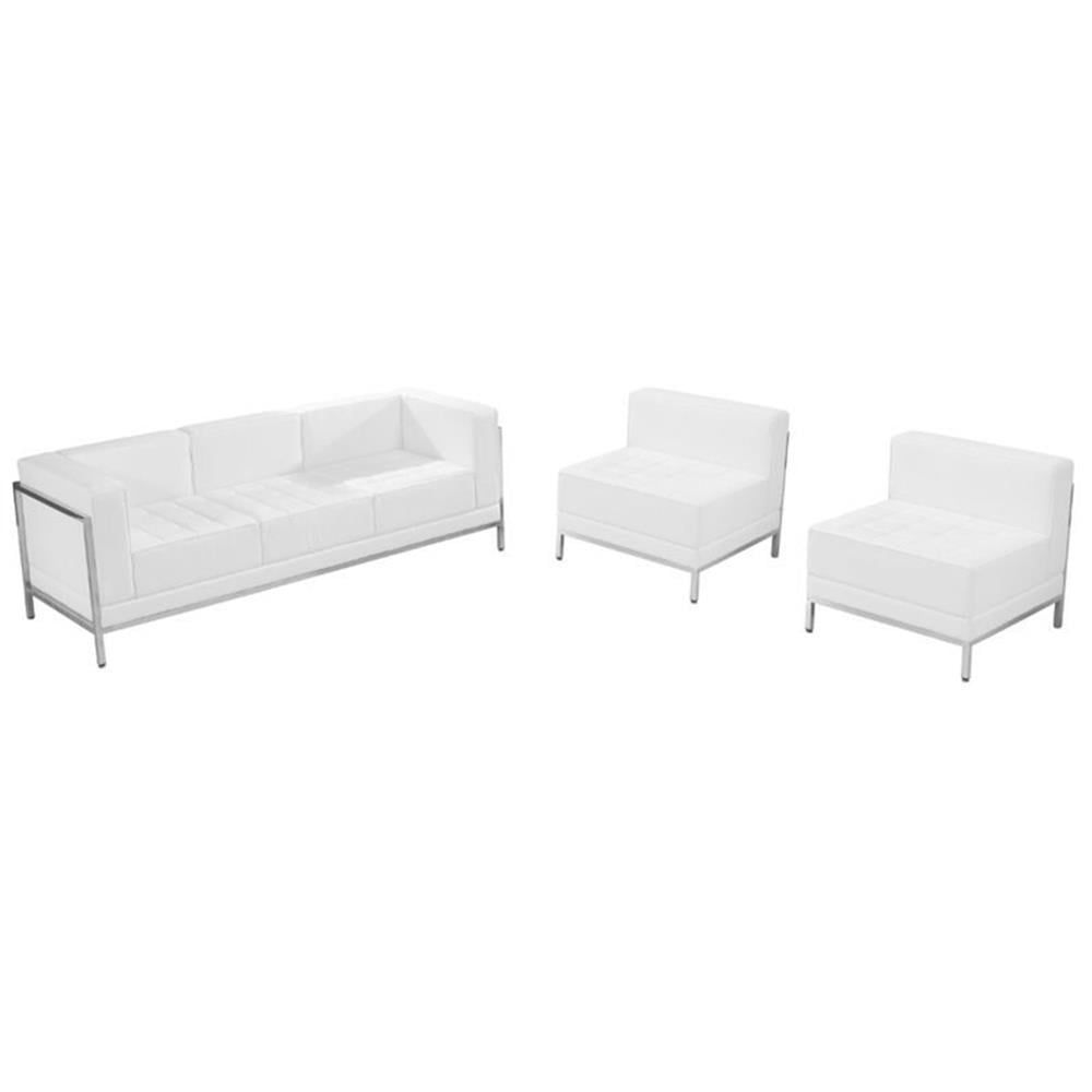 White Leather 3-Piece Reception Sofa Set with Stainless Steel Legs