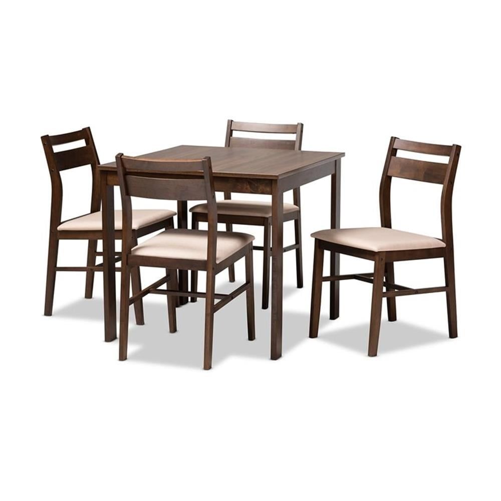 Dark Walnut and Beige 5-Piece Wood Dining Set