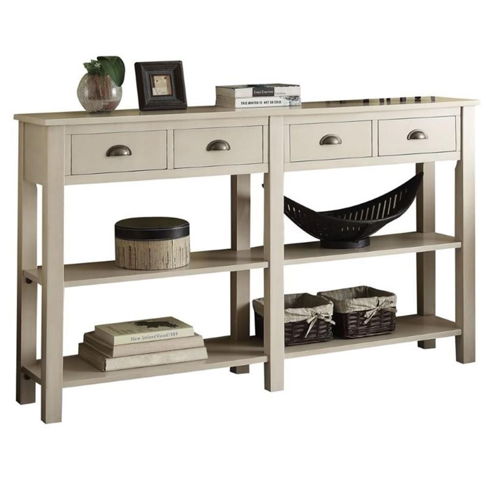 Cream Wood 72" Farmhouse Console Table with Drawers and Shelves