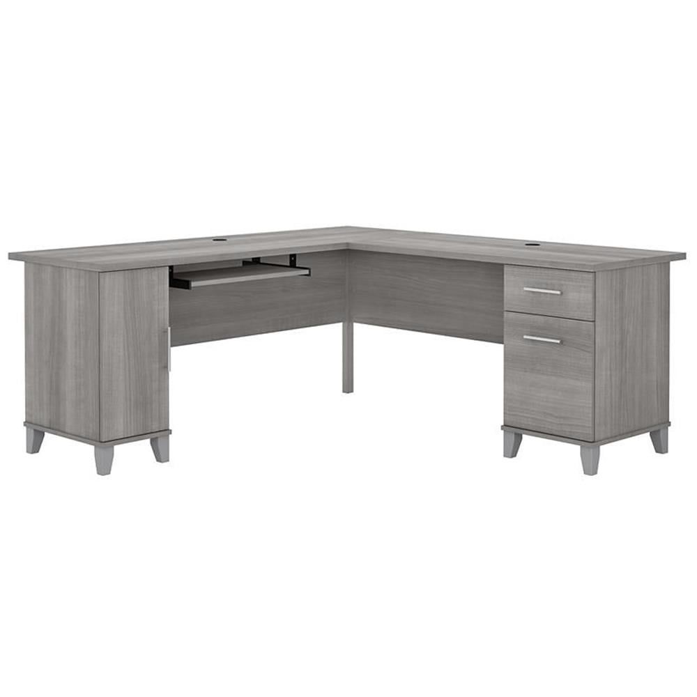 Platinum Gray L-Shaped Wood Desk with Drawer and Keyboard Tray
