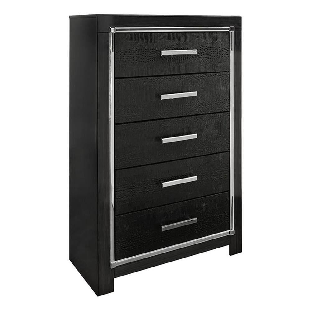 Dark Gray Walnut 5-Drawer Chest with Chrome Accents