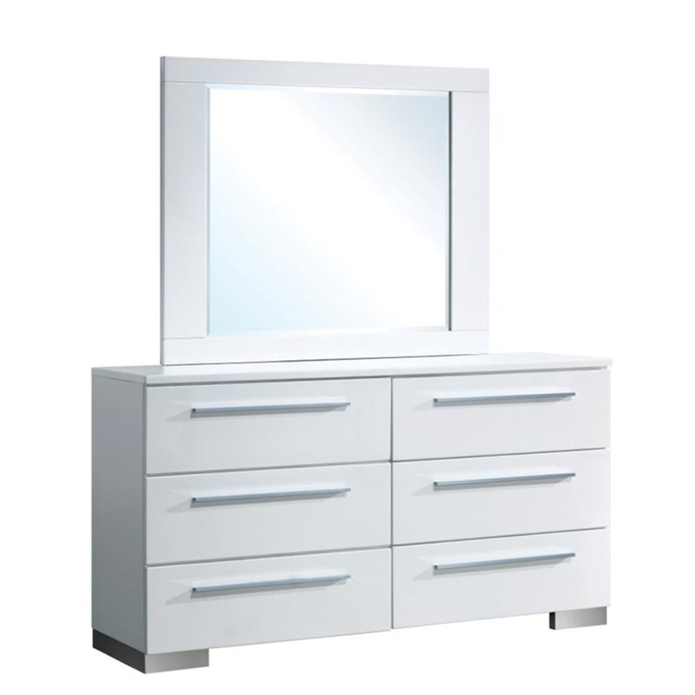 Contemporary Glossy White Wood 6-Drawer Dresser with Mirror