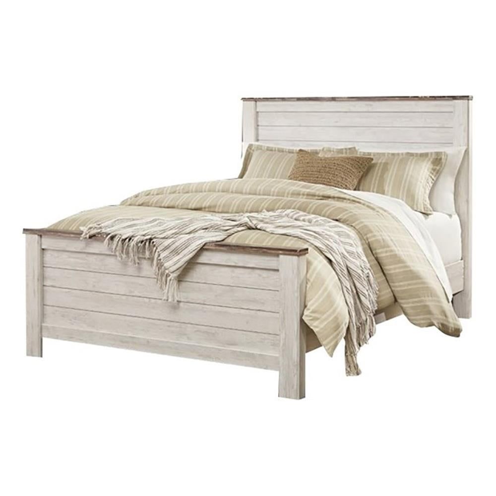 White Queen Panel Bed with Wood Headboard and Frame