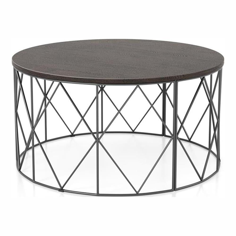 Industrial Walnut Wood and Black Metal Round Coffee Table