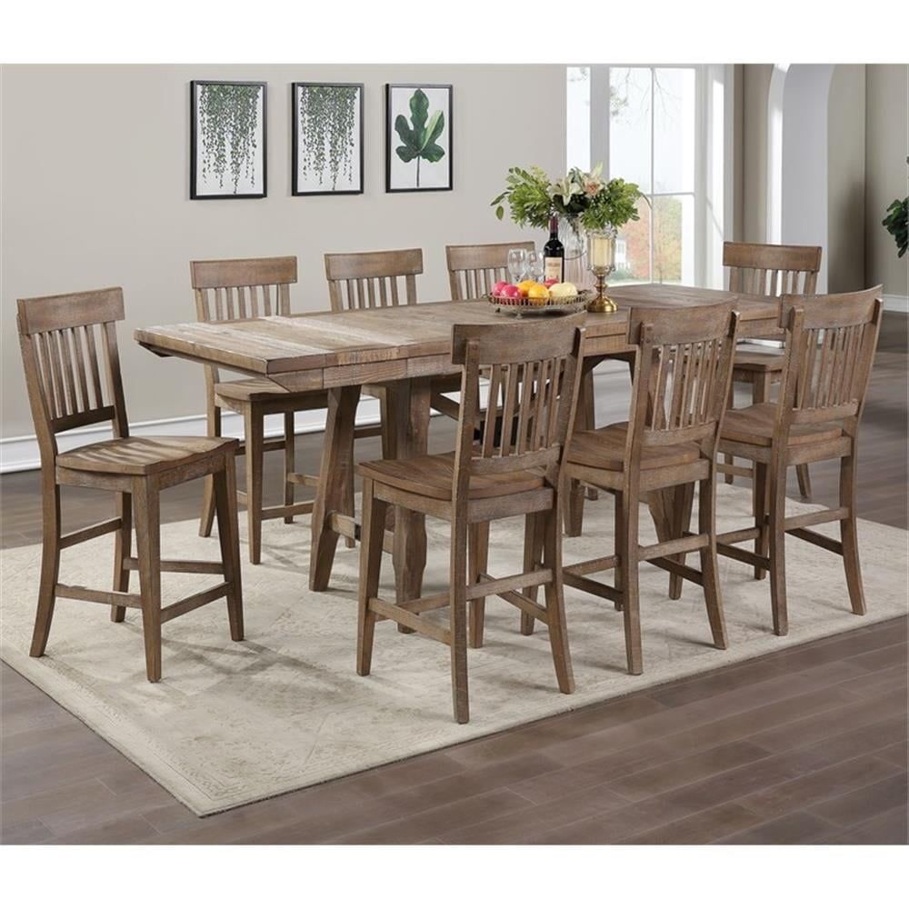 Light Brown Driftwood Pine 9-Piece Counter Height Dining Set