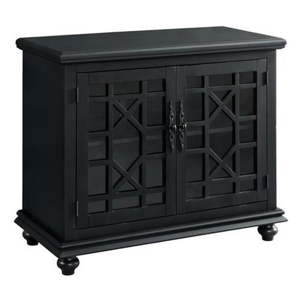 Elegant Antique Black TV Stand with Trellis Glass Doors