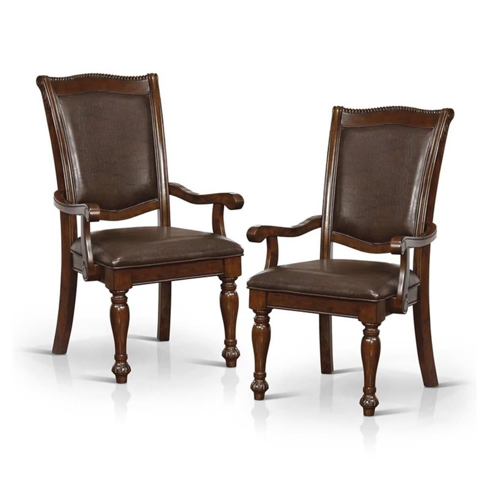 Brown Cherry Faux Leather Upholstered Wood Arm Chair Set