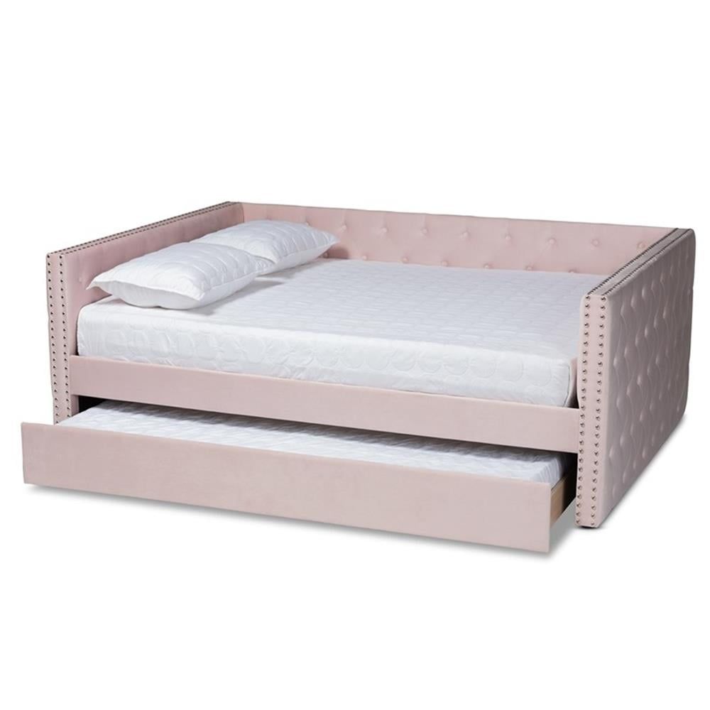 Pink Velvet Upholstered Queen Daybed with Trundle and Tufted Design