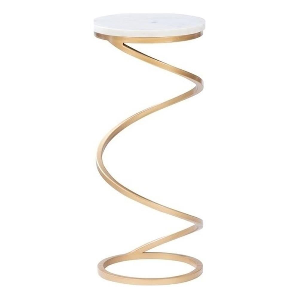 Compact White Marble and Gold Metal Round Accent Table