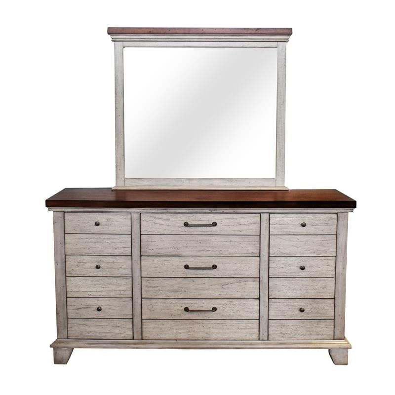 Rustic Ivory and Honey Nine Drawer Dresser with Mirror