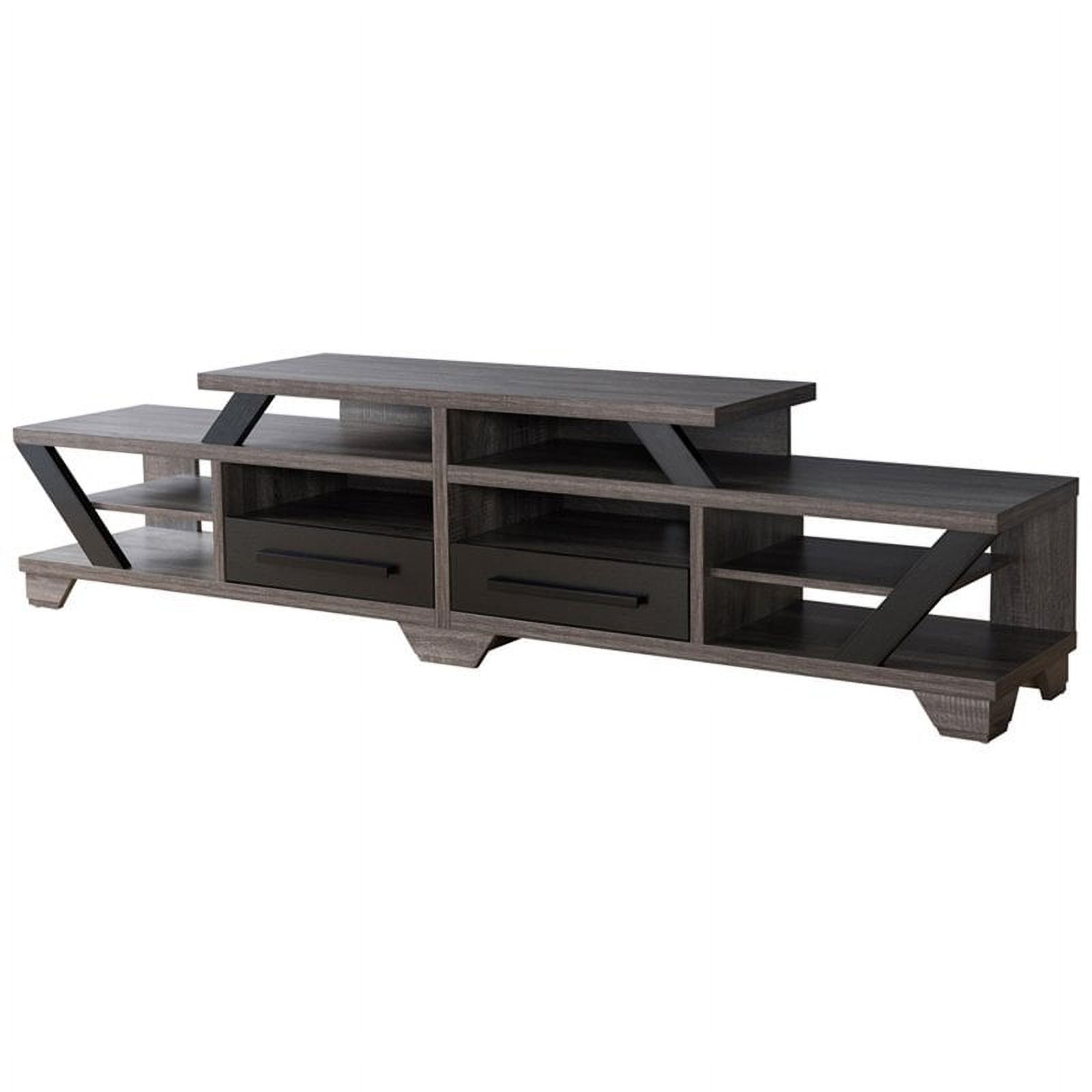 Distressed Gray and Black Tiered Wood TV Stand with Cabinets