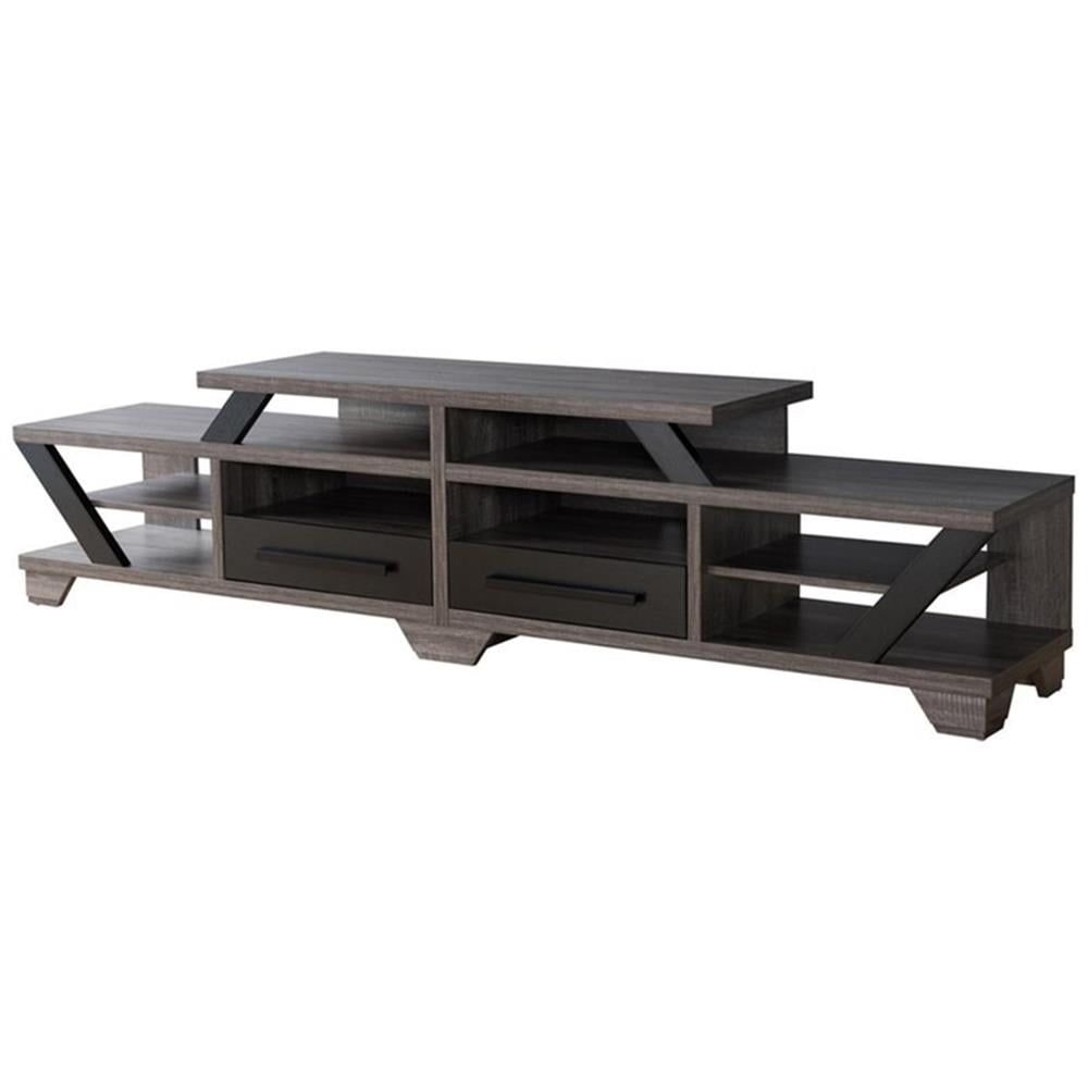 Distressed Gray and Black Tiered Wood TV Stand with Cabinets