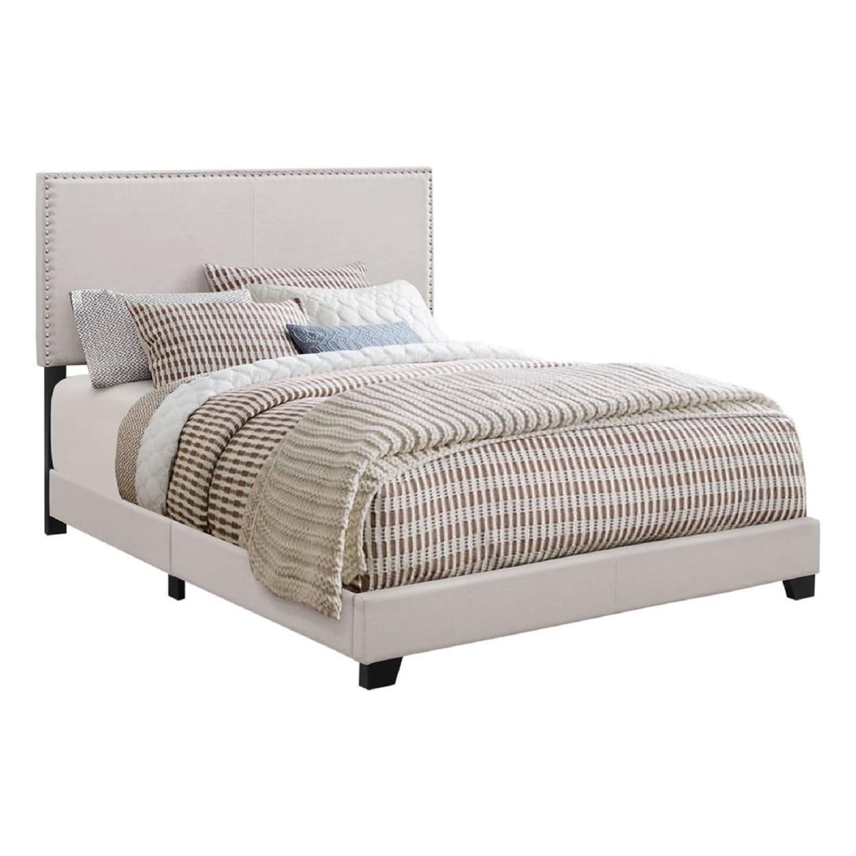 Queen Cream Upholstered Wood Frame Bed with Nailhead Trim