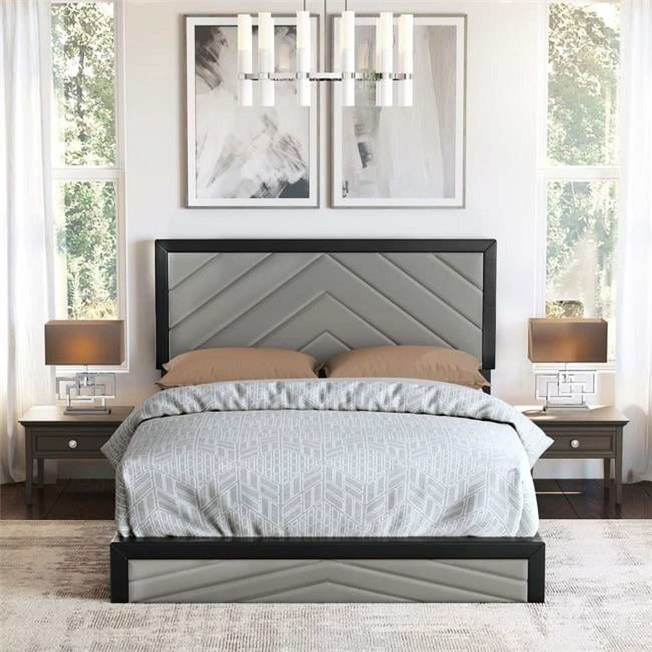 Gray Faux Leather Full Platform Bed with Channel Tufted Upholstery